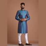 Handmade Royal Blue Leaf Pattern Brocade Silk Sherwani | Elegant Ethnic Wear | Jaipurio